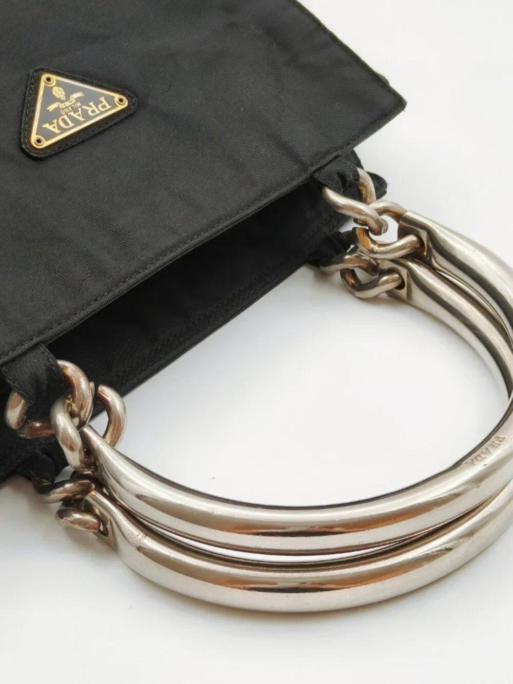Prada Black Nylon Mini Tote Bag Silver Chain Handle Triangle Logo